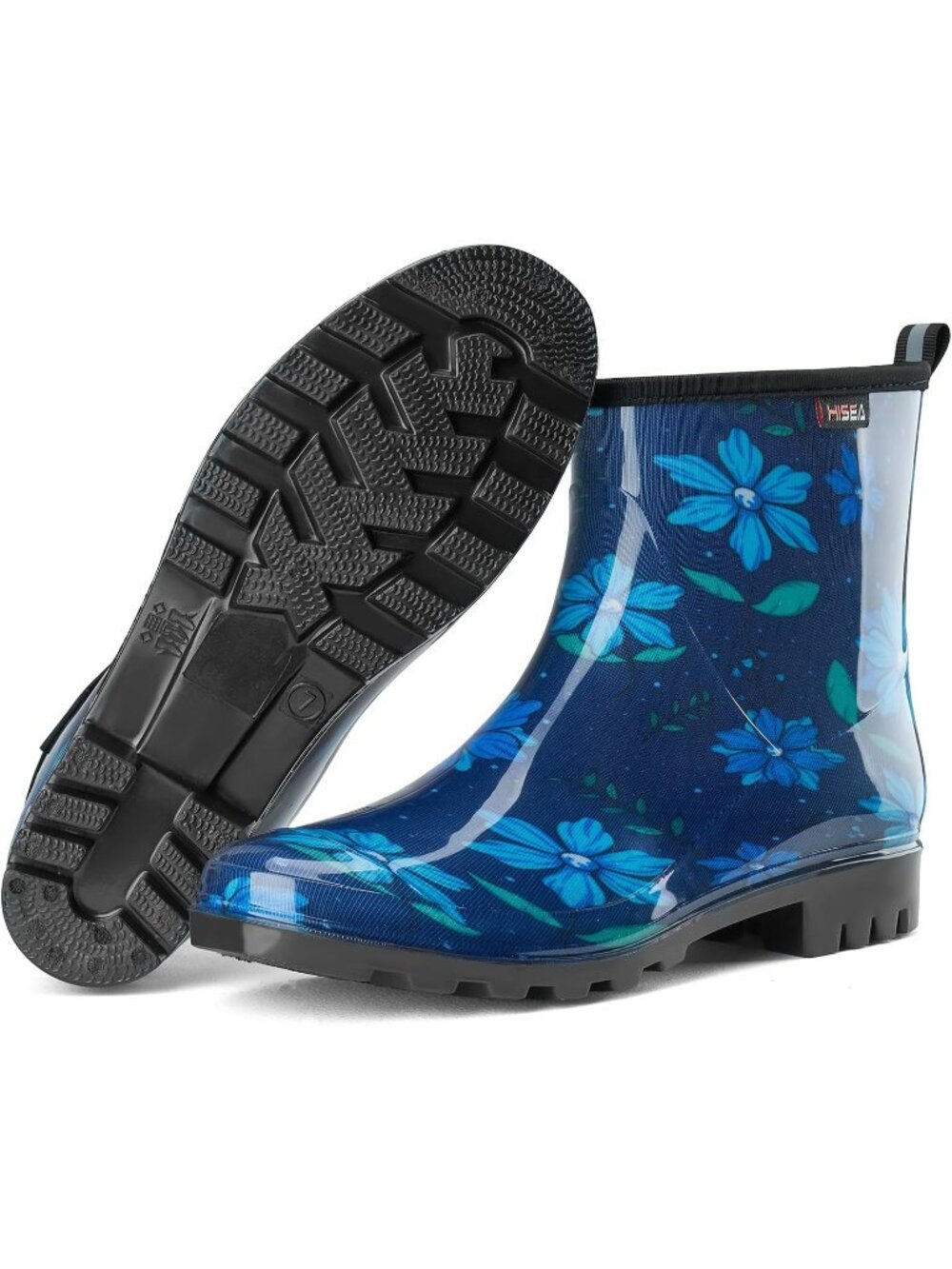 Women's Blue Flower Lightweight Ankle Garden Short Mud Waterproof Rain Boots